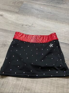 Rebel Athletic black skirt with rhinestones built in briefs and metallic red YM